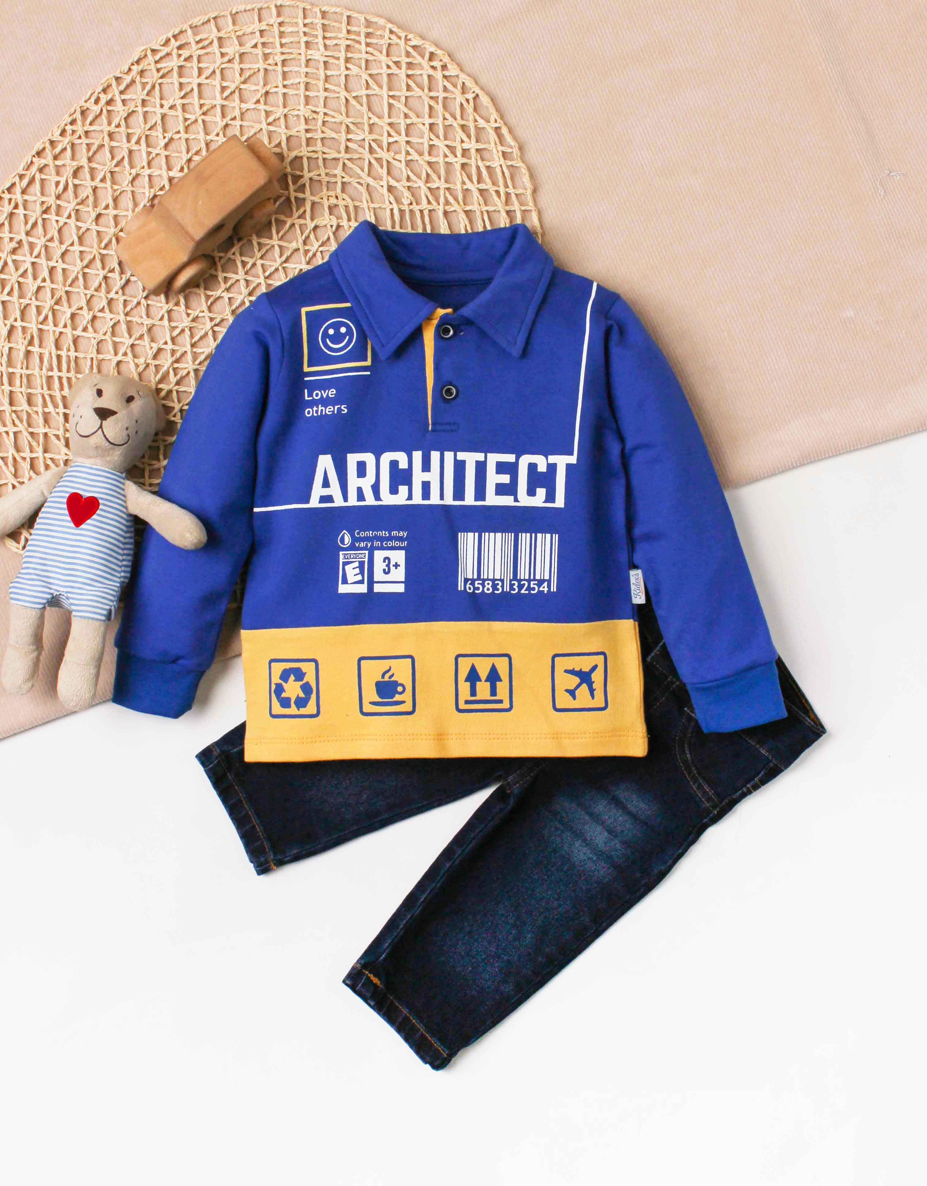 Erkek Bebek Architect Baskılı Polo Yaka Sweatshirtlü Kot Pantolonlu 2'li Takım 9 24 Ay